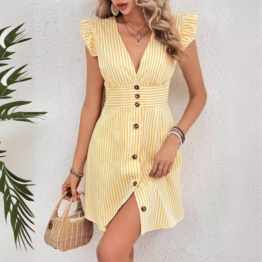 Women's Mini Dress with V-Neck and Button Front Design