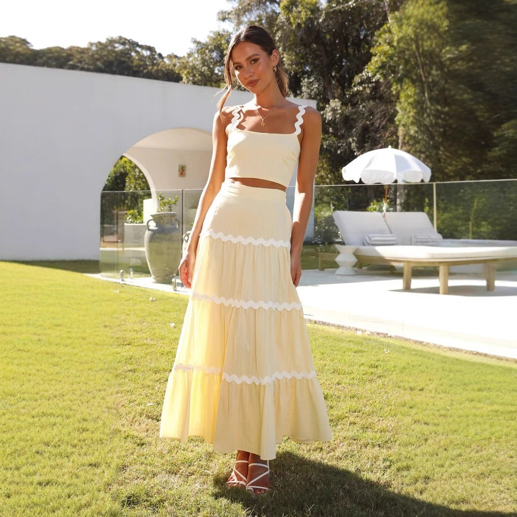 Women's Two-Piece Set with Crop Top and Tiered Maxi Skirt