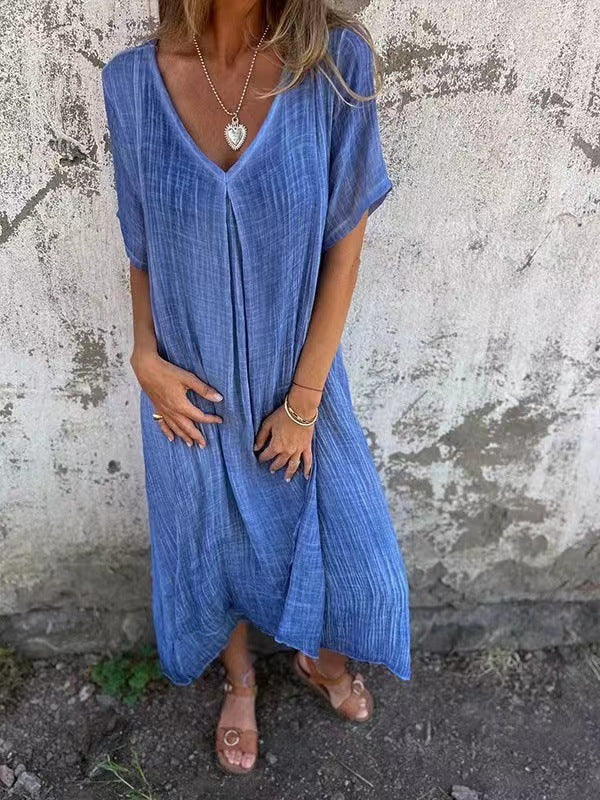 Women's Loose Fit Maxi Dress with V-Neck and Short Sleeves