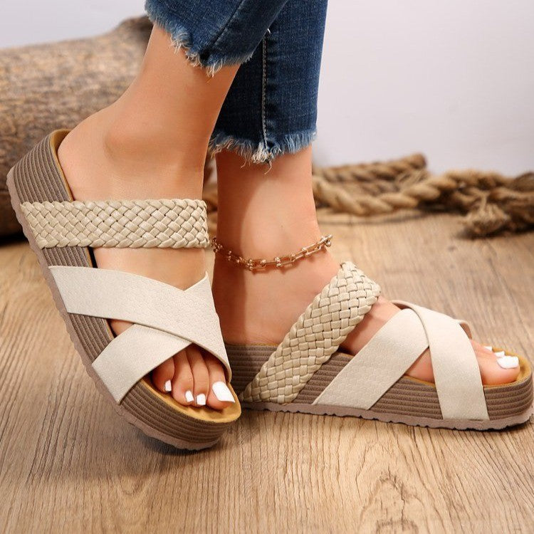 Women's Slip-On Wedge Sandals with Braided Crossover Straps