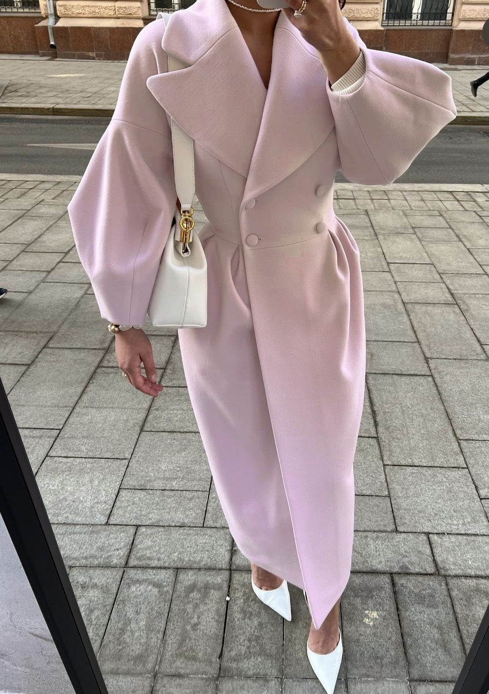 Women's Long Double Breasted Winter Coat with Lapel Collar Design