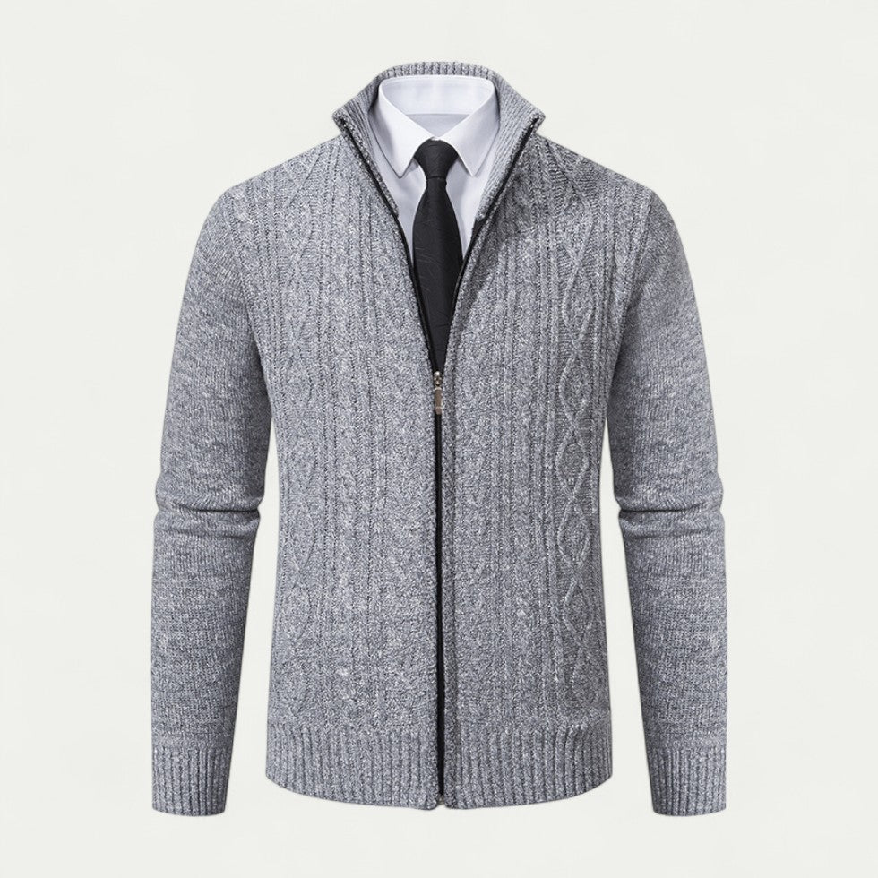 Men's Cable-Knit Zip-Up Cardigan with High Collar and Ribbed Hem