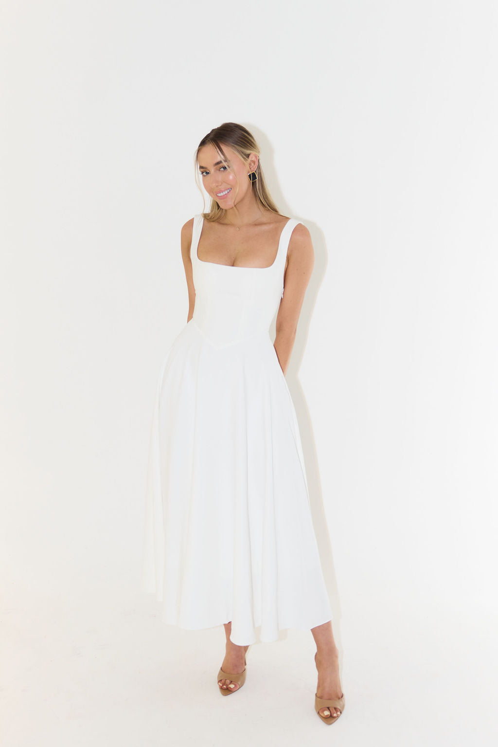Women's Sleeveless Square Neck Midi Dress with A-Line Silhouette