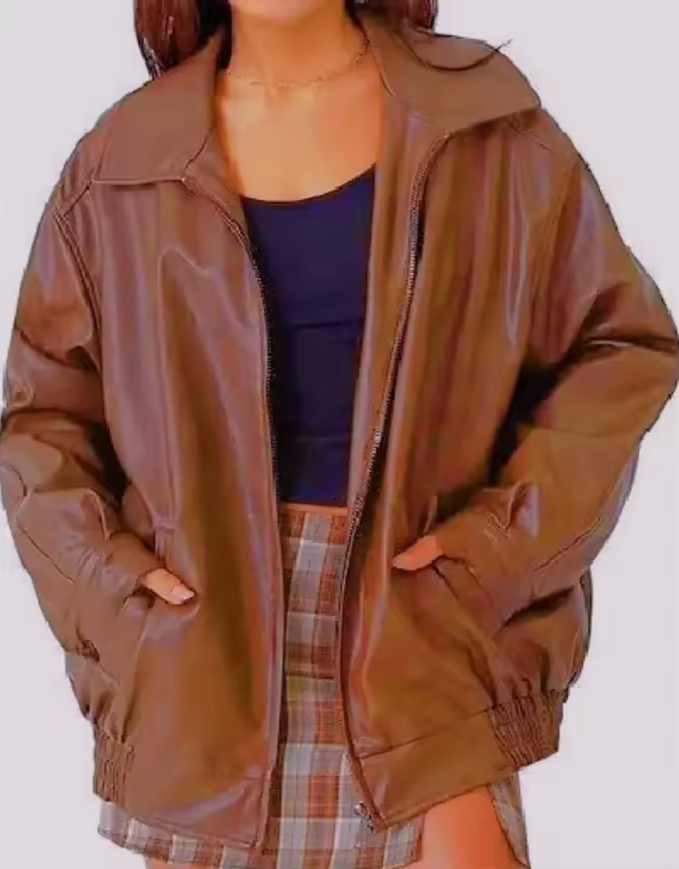 Women's Zip-Up Leather Jacket with Relaxed Fit and High Collar