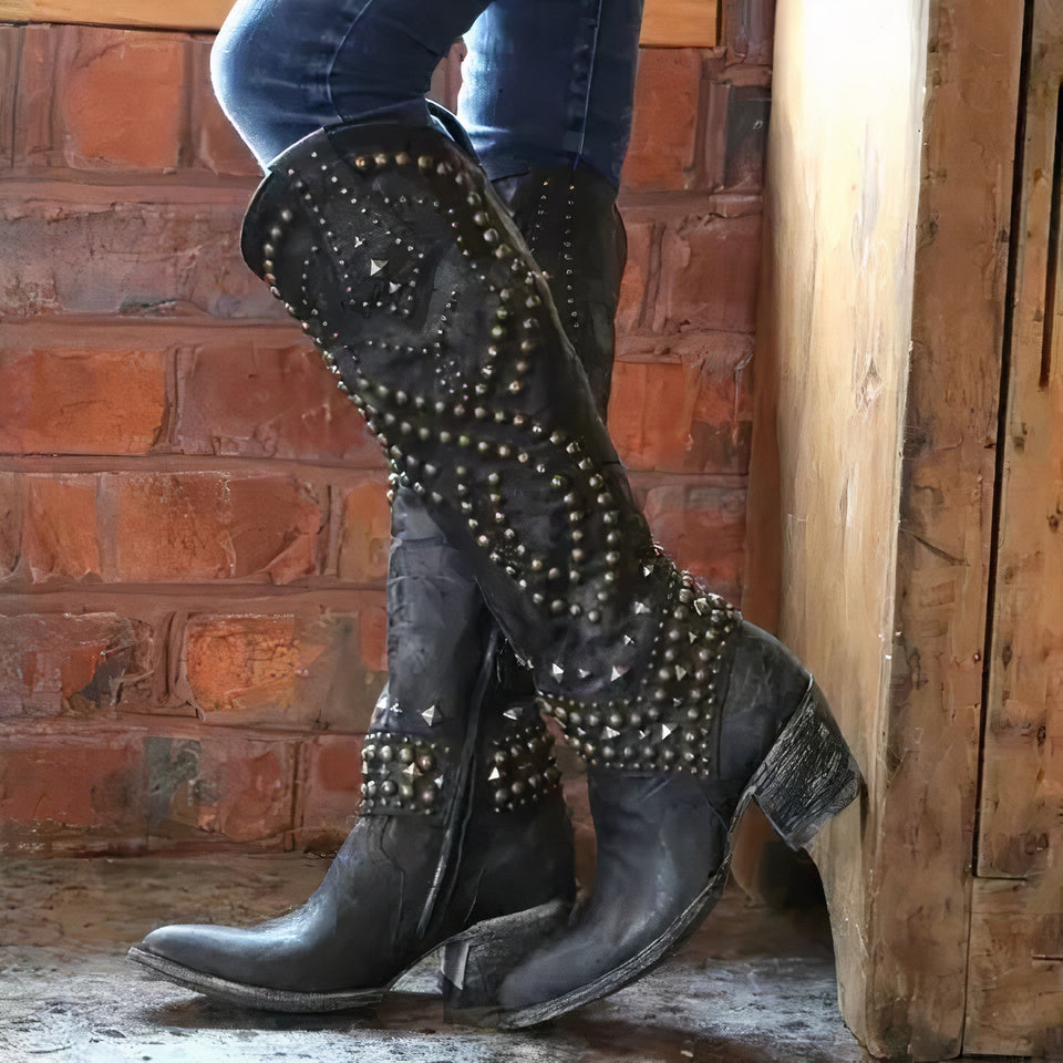 Women's Knee High Cowboy Boots with Rivet Detail Thick Heel and Side Zip