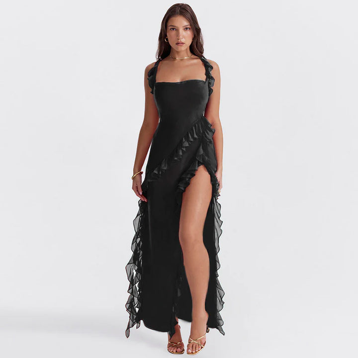 Women's Elegant Ruffle Maxi Dress with Thigh Split