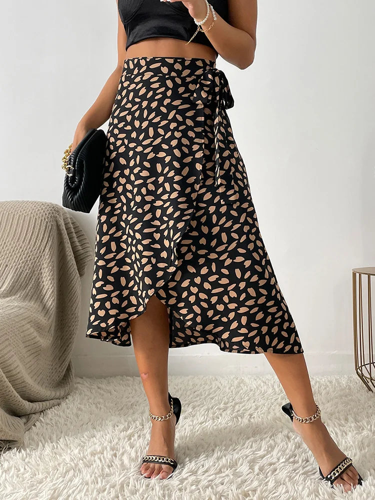 Women's Printed Wrap Midi Skirt with Tie Waist and Asymmetrical Hem