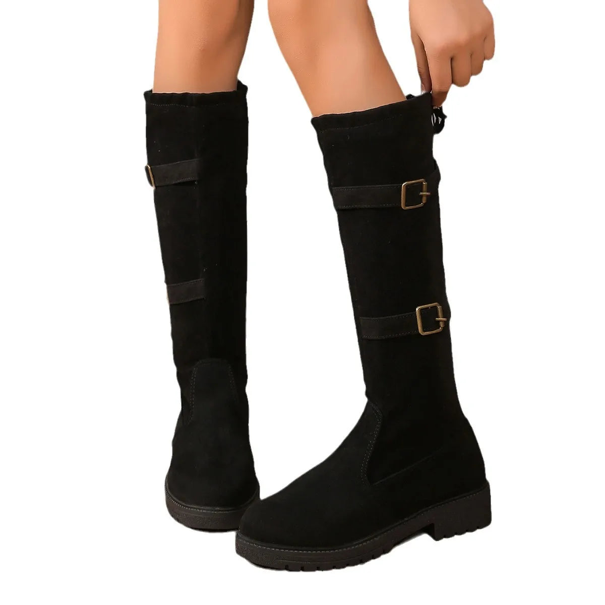 Women's Black Low Heel Knee High Boots with Classic Silhouette