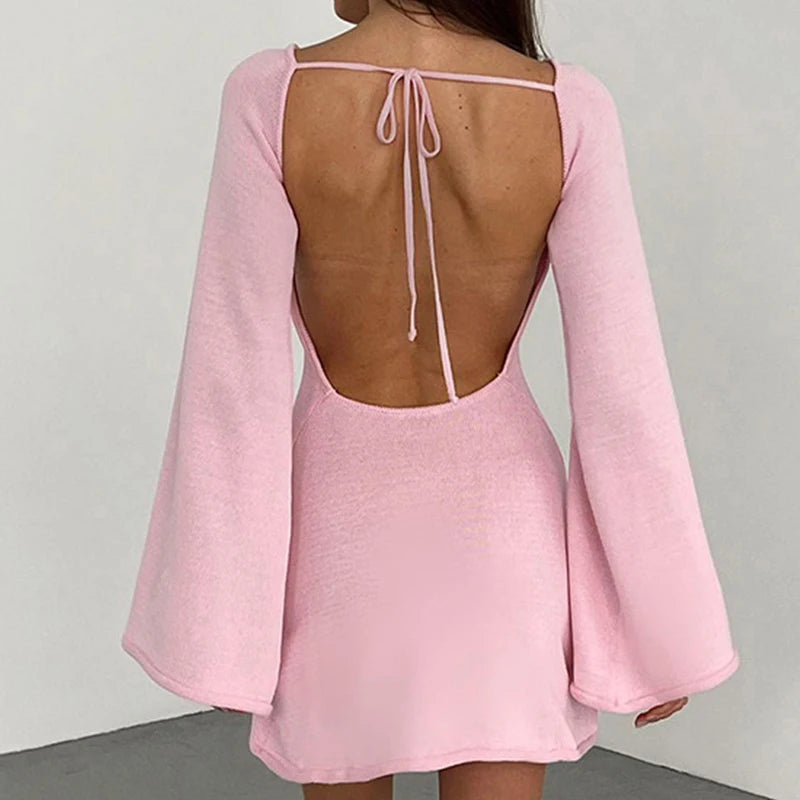 Women's Backless Knit Mini Dress with Bell Sleeves and Tie Back