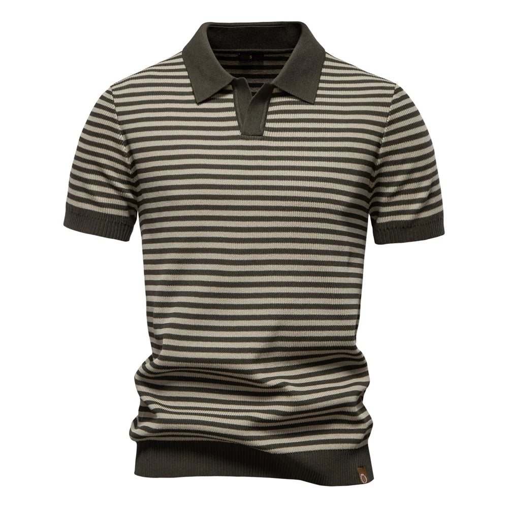Men's Short Sleeve Striped Polo Shirt with Contrast Knit Design