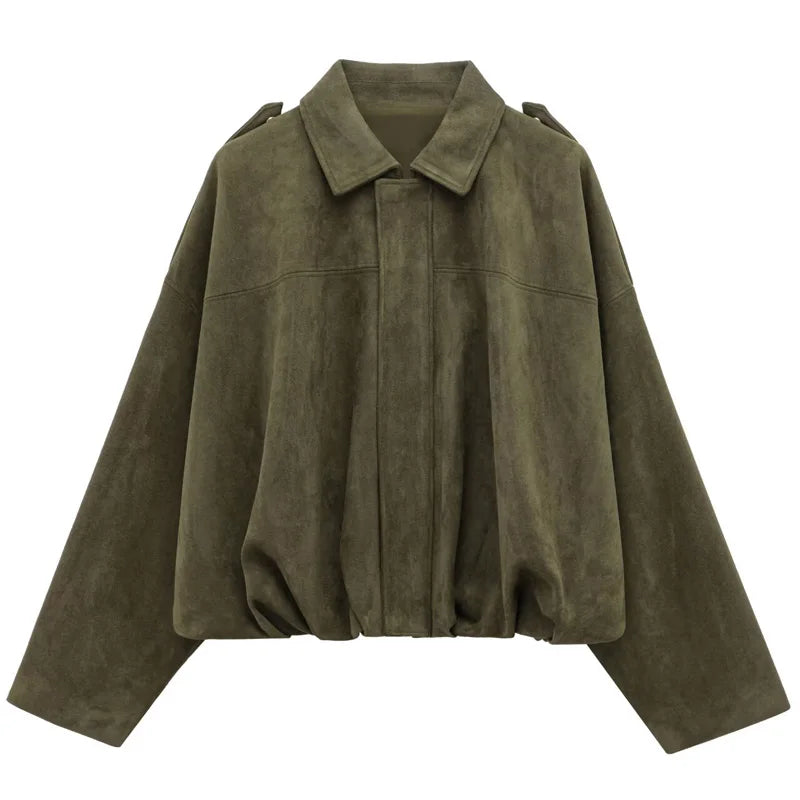 Women's Cropped Bomber Jacket with Lapel Collar and Zip Front