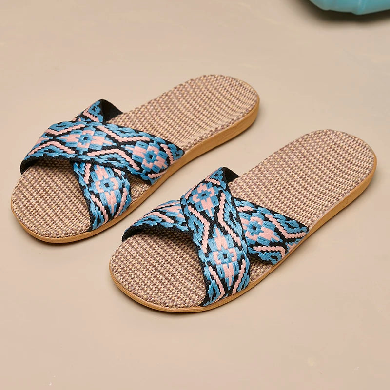 Women's Crisscross Linen Slippers with Flat Sole and Grip