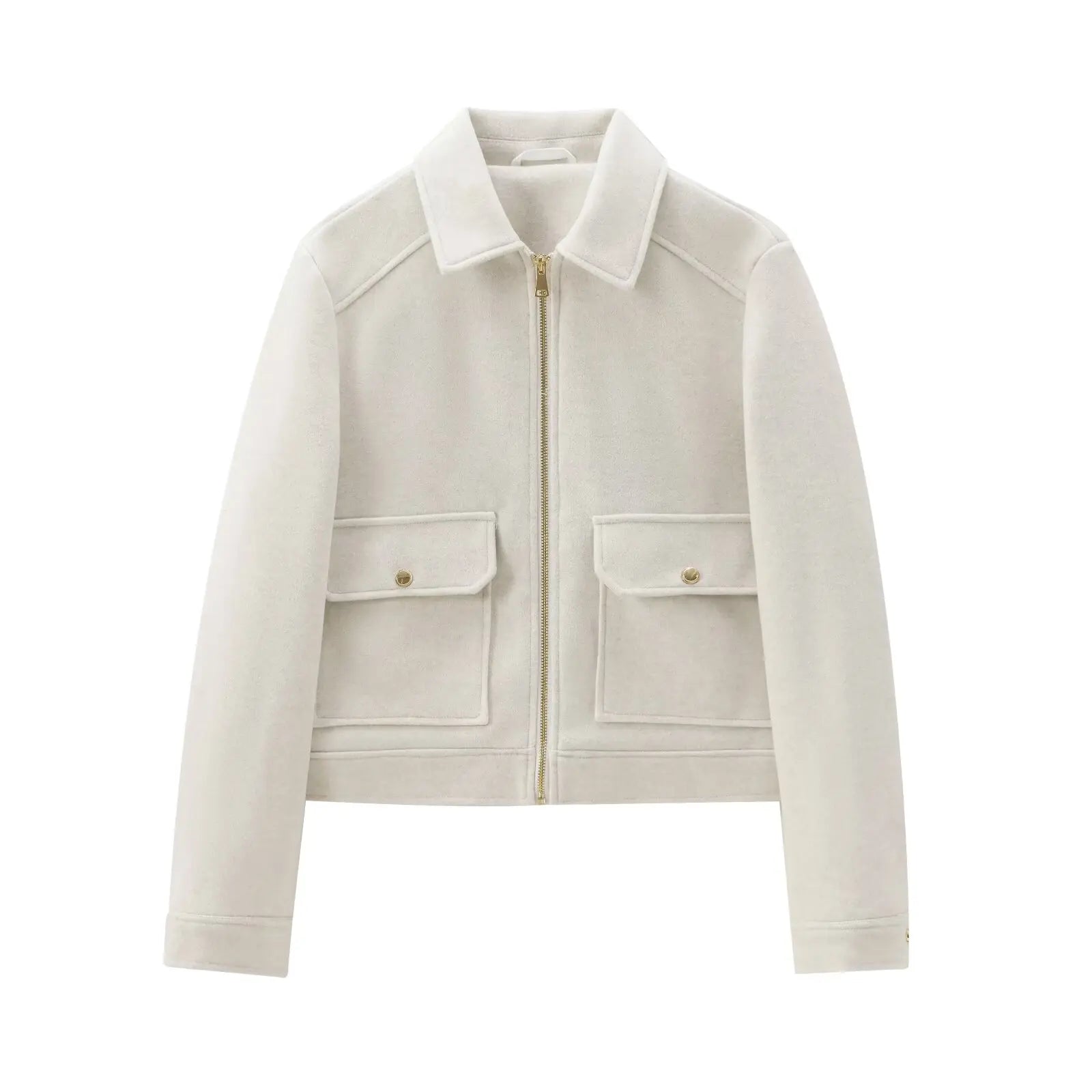 Women's Short Lapel Bomber Jacket with Zip Front and Flap Pockets