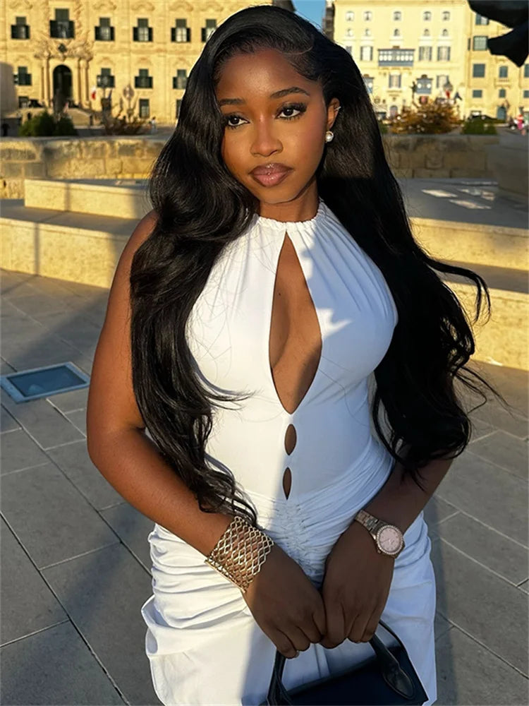 Women's Halter Maxi Dress with Cutout Front and Ruched Detail