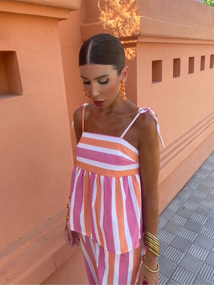 Women's Striped Two-Piece Set with Tie-Strap Top and Wide Pants