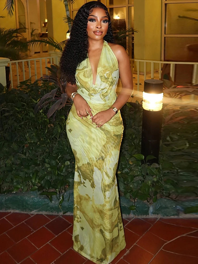 Women's Halter Maxi Dress with Artistic Print and Draped Neckline