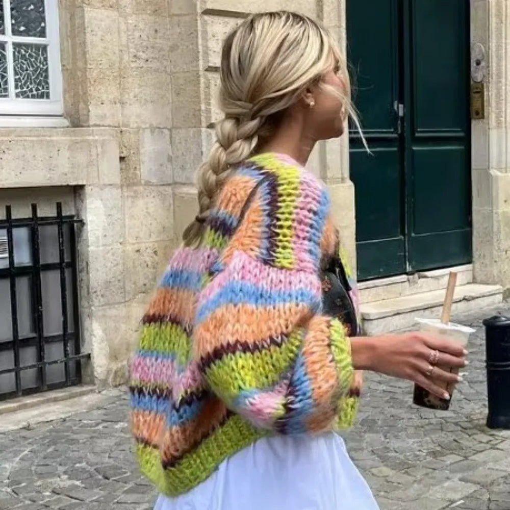Women's Colorful Chunky Knit Cardigan with Open Front Design
