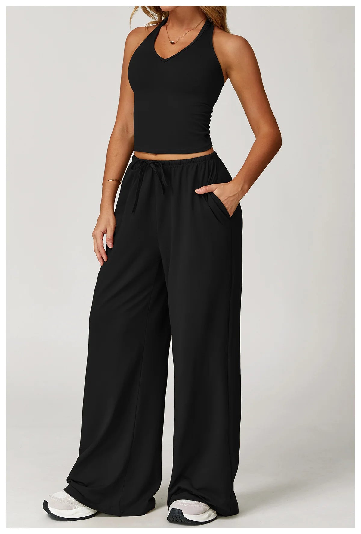 Women’s Two-Piece Lounge Set with Racerback Crop Top and Wide-Leg Pants