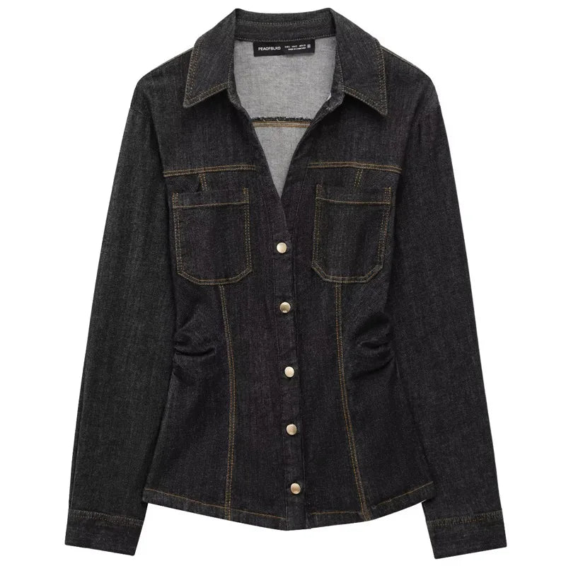 Women's Black Denim 2 Piece Set with Long Sleeve Shirt and Flare Pants