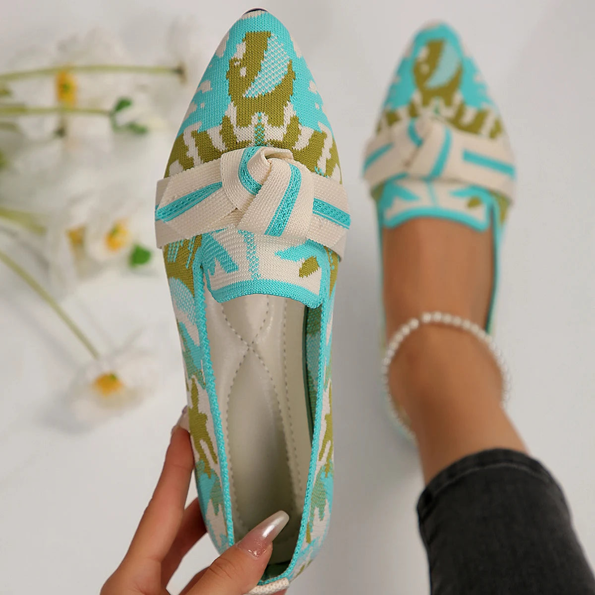 Women's Slip-On Pointed Toe Ballet Flats Shoes with Bow Detail