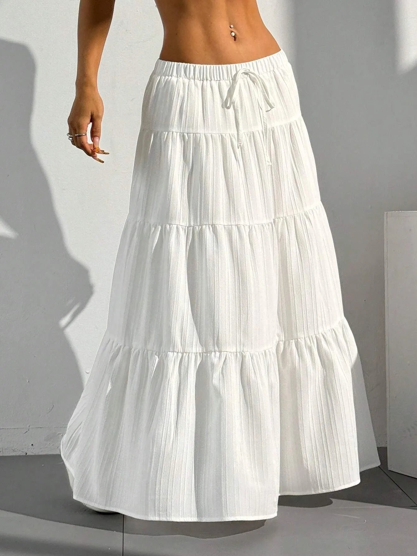 Women's Tiered Maxi Skirt with Drawstring Waist and Flowy Fit