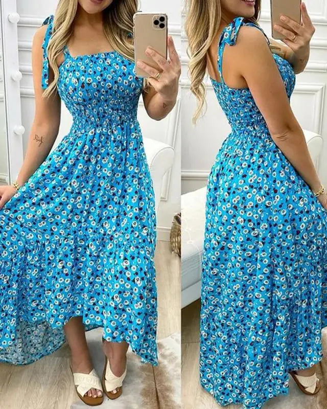 Women's Floral Maxi Dress with Tie Straps and Smocked Bodice