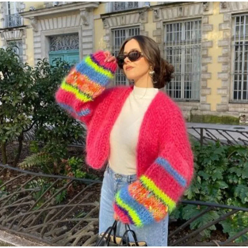 Women's Colorful Chunky Knit Cardigan with Open Front Design