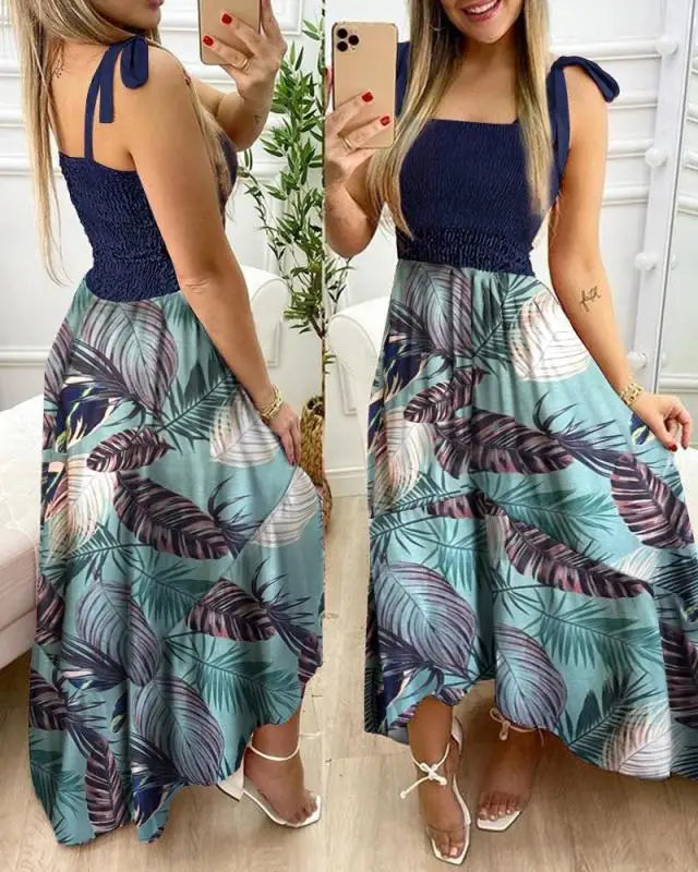 Women's Floral Maxi Dress with Tie Straps and Smocked Bodice