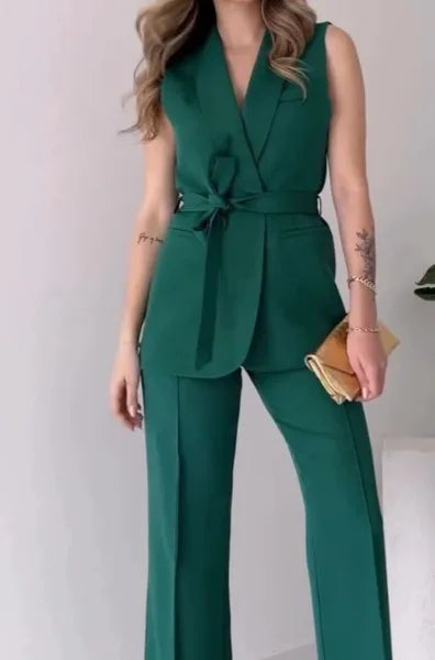 Women’s Sleeveless Two Piece Suit Set with Wrap V-Neck Top and Wide-Leg Trousers
