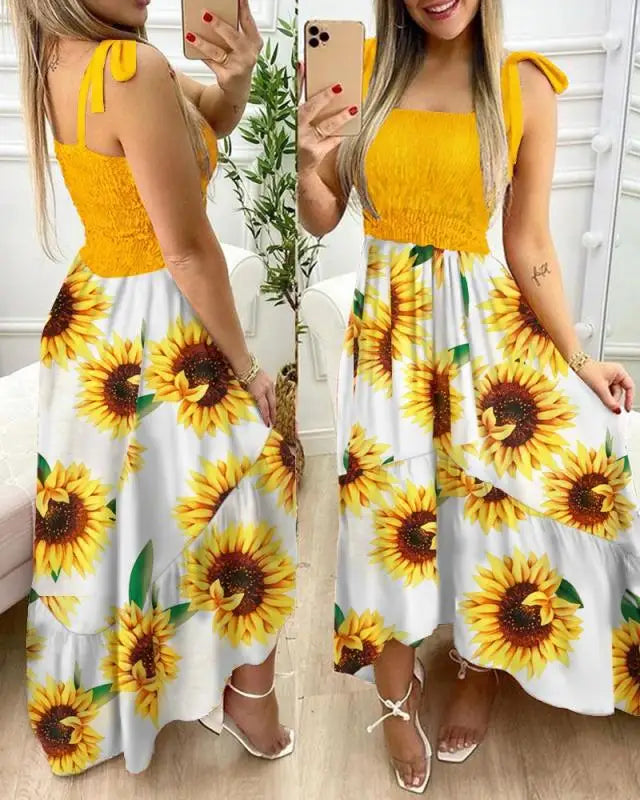 Women's Floral Maxi Dress with Tie Straps and Smocked Bodice