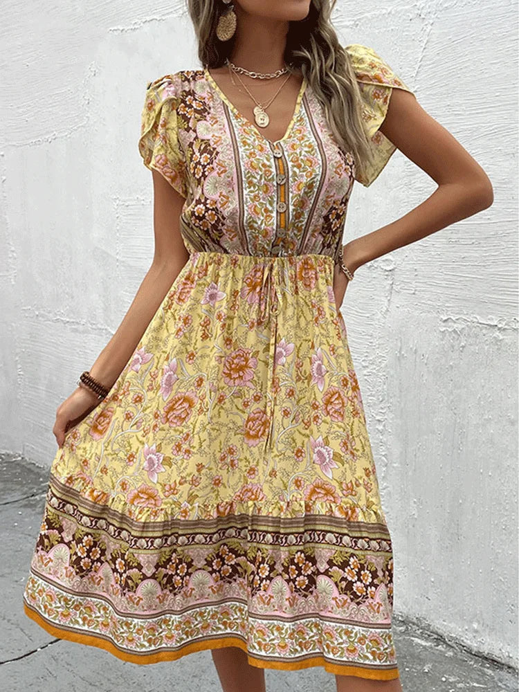 Women's Boho Midi Dress with Floral Print and Button Front Design