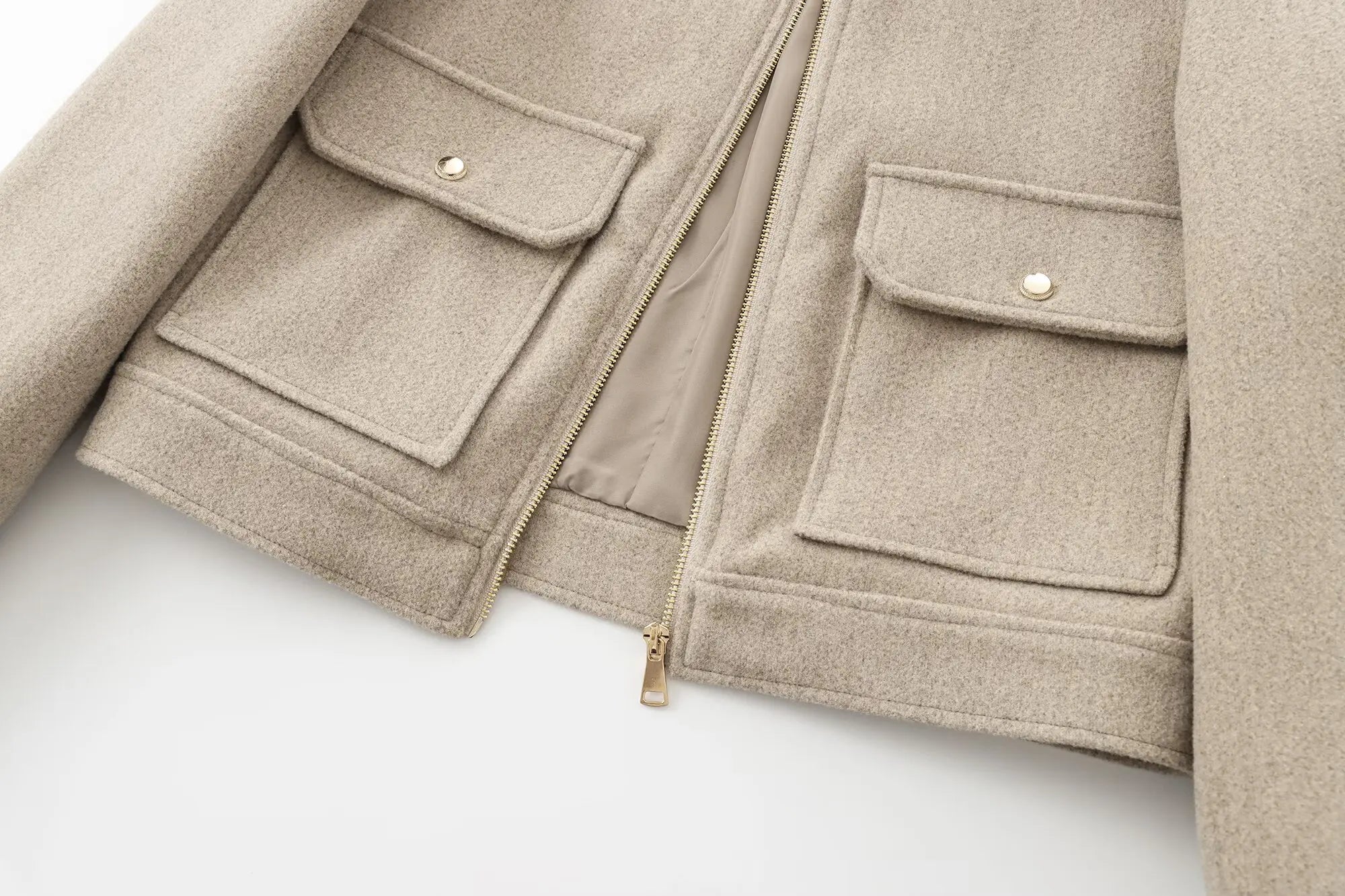 Women's Short Lapel Bomber Jacket with Zip Front and Flap Pockets
