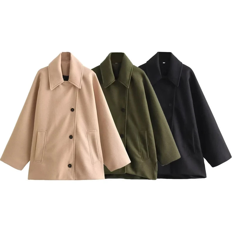 Women's Oversized Winter Coat with Long Sleeves and Button Front