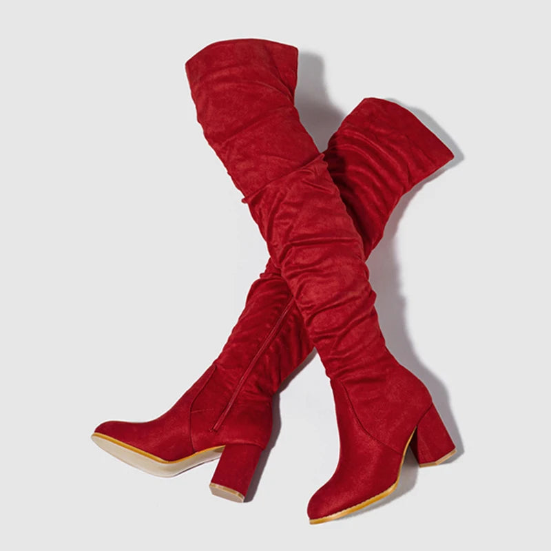 Women's Knee High Boots with Pointed Toe and Slouch Block Heel