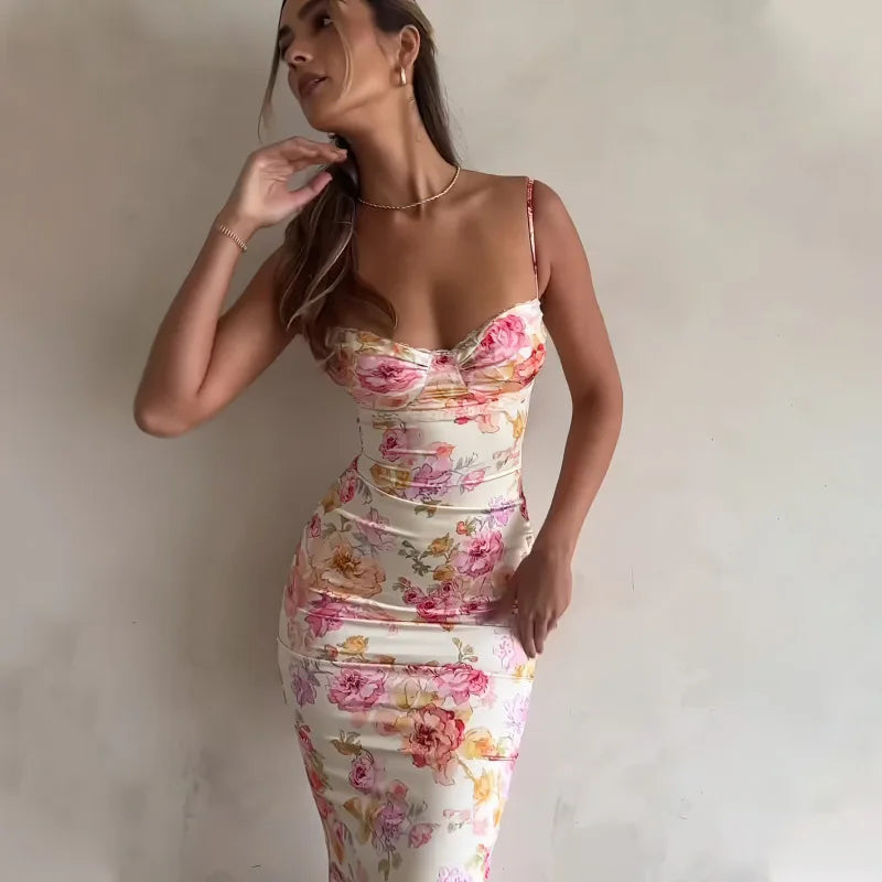 Women's Floral Spaghetti Strap Bodycon Maxi Dress
