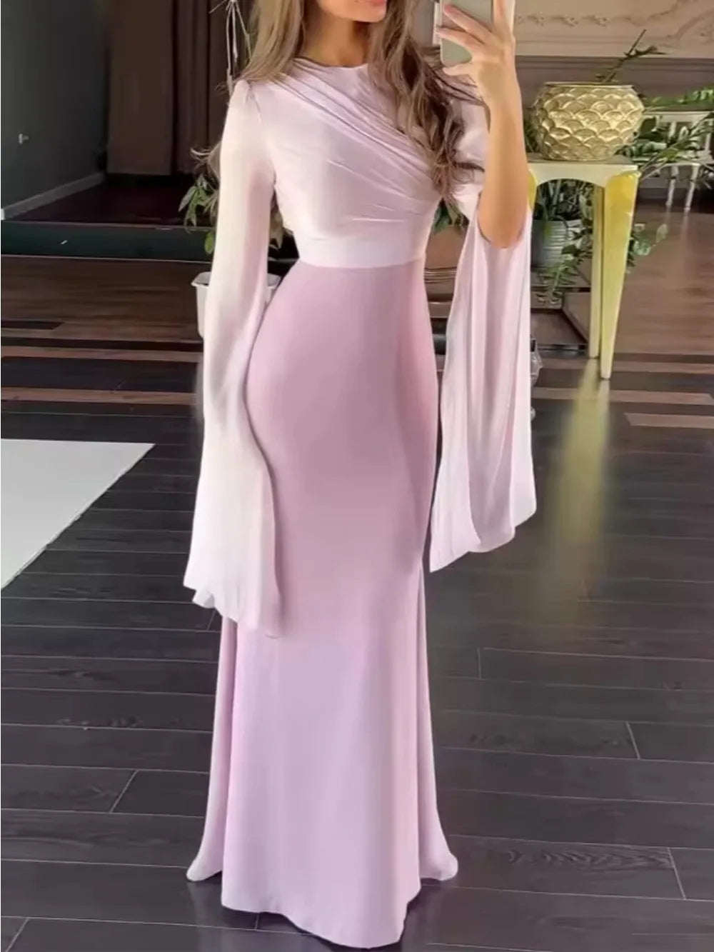 Women's Elegant Maxi Dress with Draped Bodice and Flared Sleeves