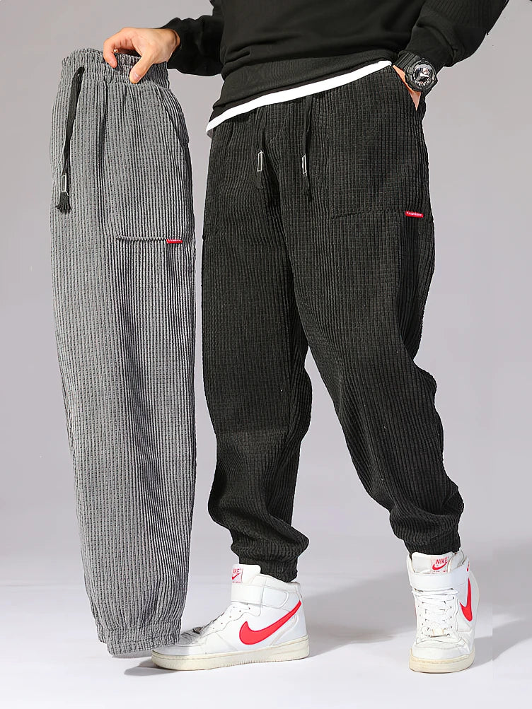 Men's Baggy Corduroy Trousers Casual Joggers with Drawstring Waist