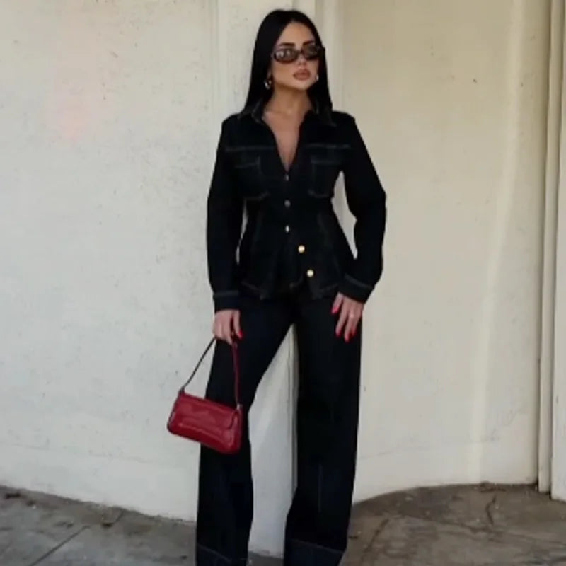 Women's Black Denim 2 Piece Set with Long Sleeve Shirt and Flare Pants