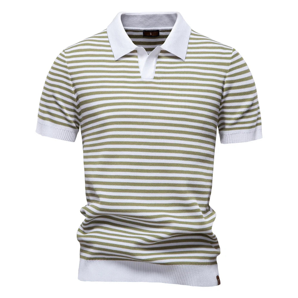 Men's Short Sleeve Striped Polo Shirt with Contrast Knit Design