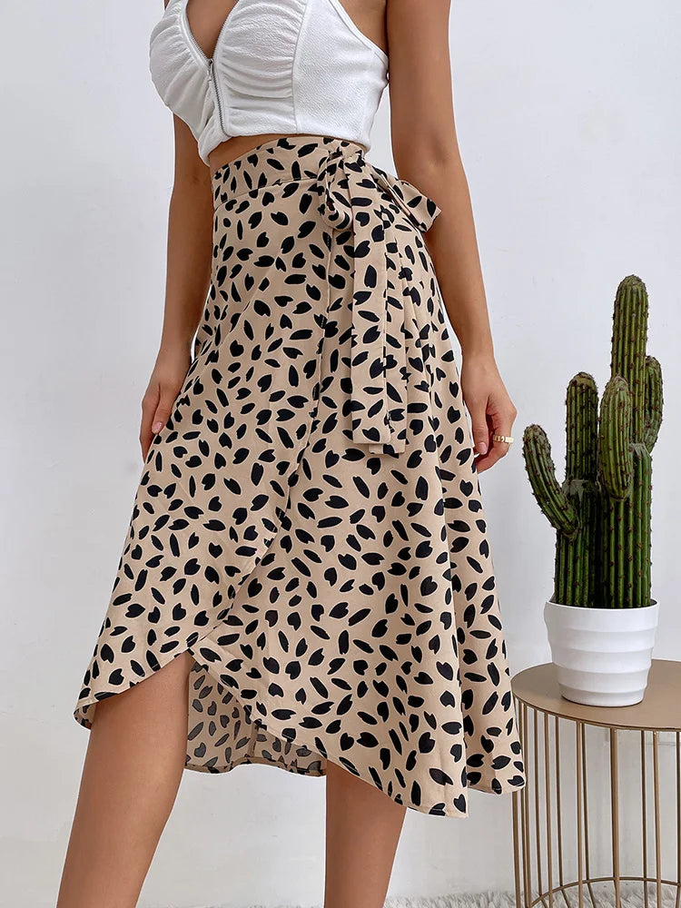 Women's Printed Wrap Midi Skirt with Tie Waist and Asymmetrical Hem