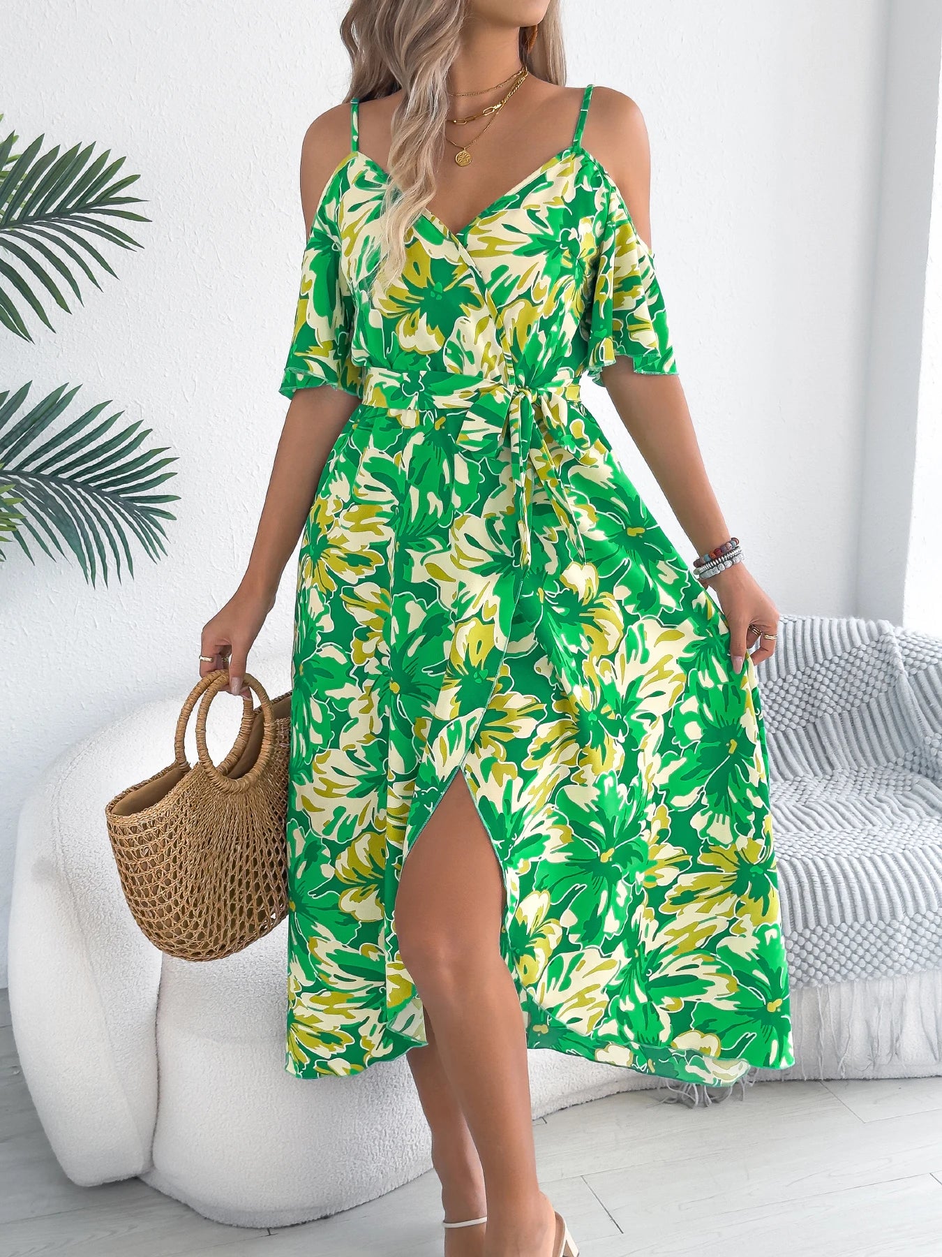 Women's Off-Shoulder Floral Wrap Maxi Dress with Belt and Side Slit