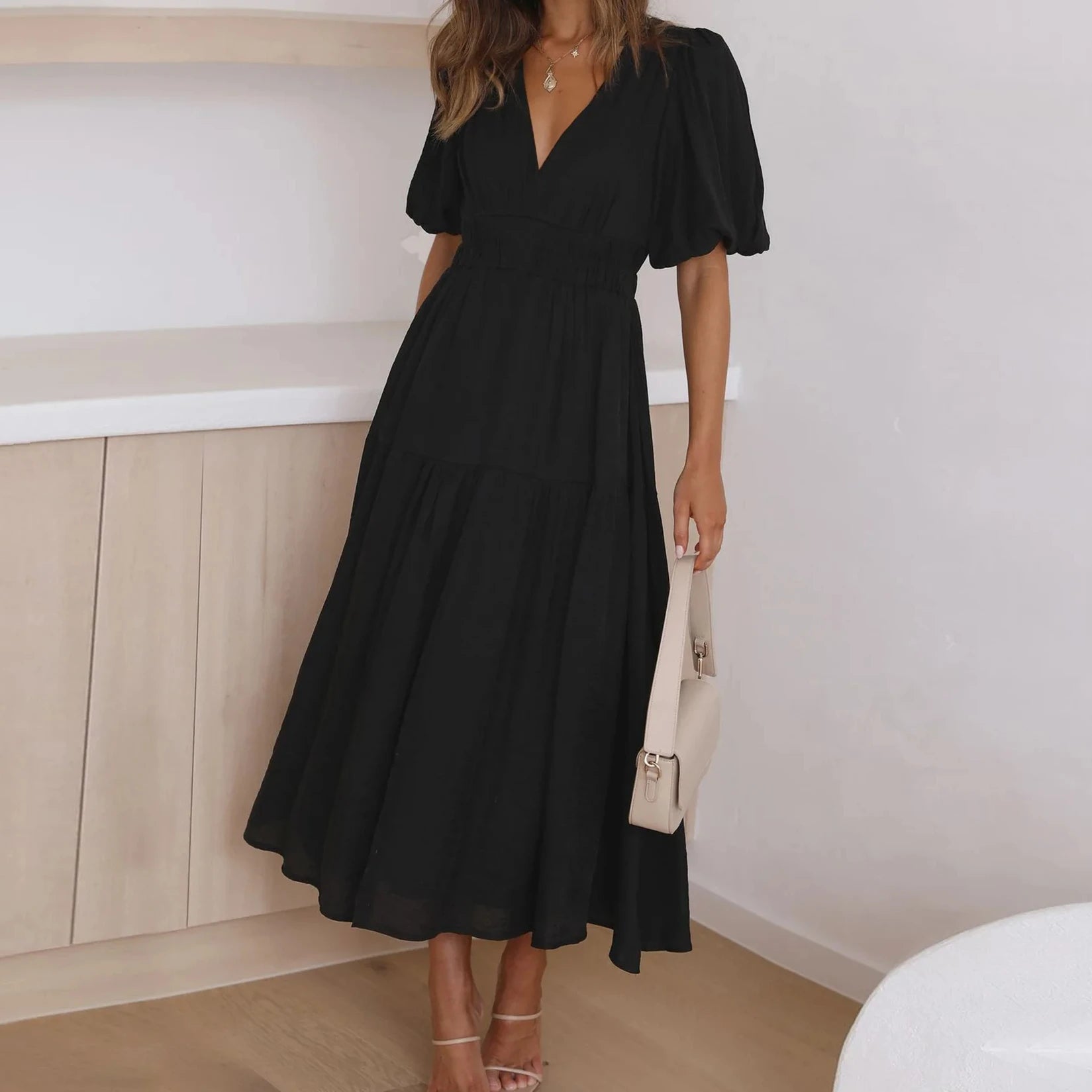 Women's Puff Sleeve Maxi Dress with V-Neck and High Waist