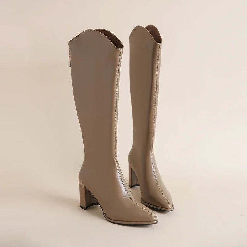 Women's Knee High Boots with Side Zip and Block Heel