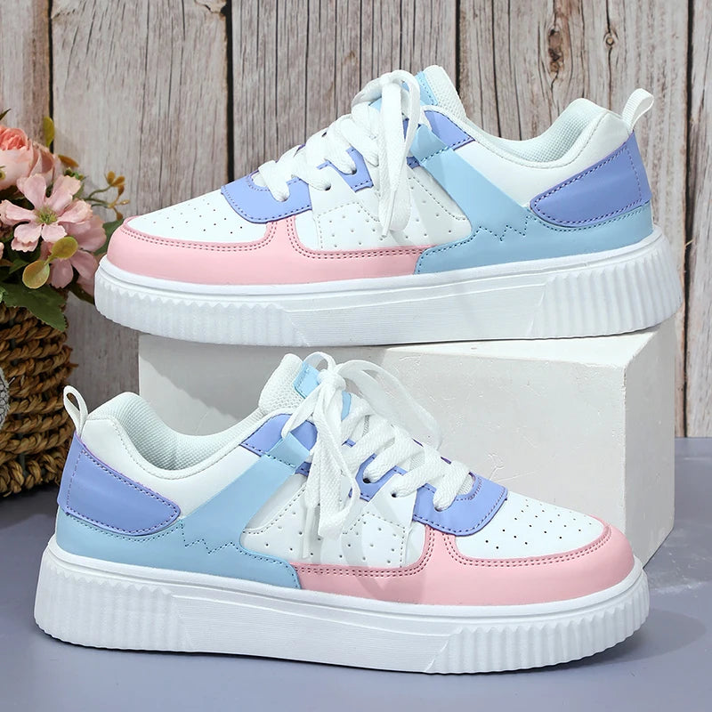 Women's Casual Lace-Up Sneakers with Thick Sole and Perforated Upper