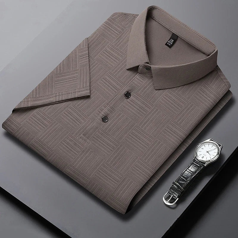 Men's Short Sleeve Polo Shirt with Geometric Print and Classic Collar