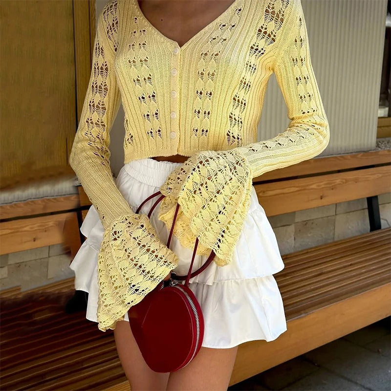 Women's Crochet Knit Long Sleeve Cardigan with V Neck and Button Front