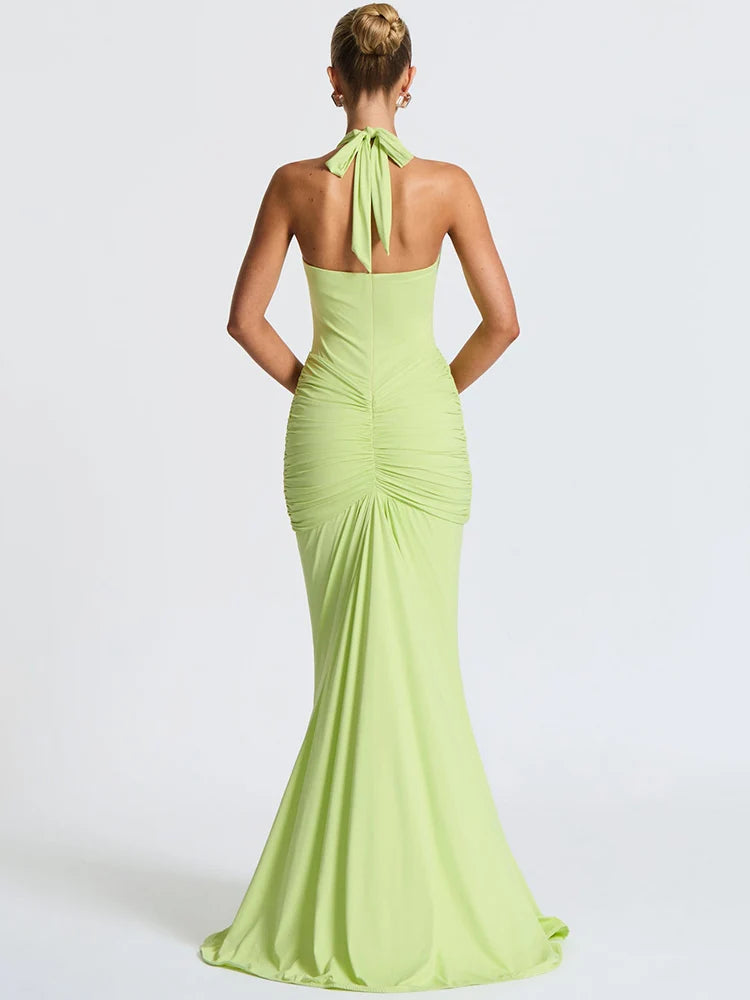 Women's Halter Maxi Dress with Deep V Neck and Draped Ruched Waist