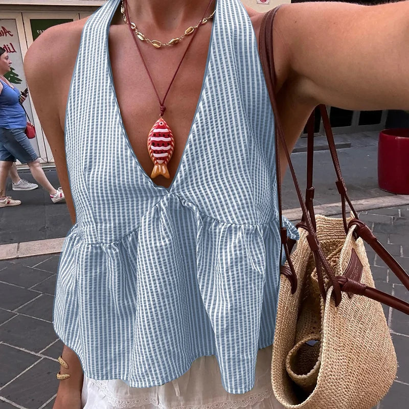 Women's Halter Babydoll Crop Top with Tie Back and Stripes