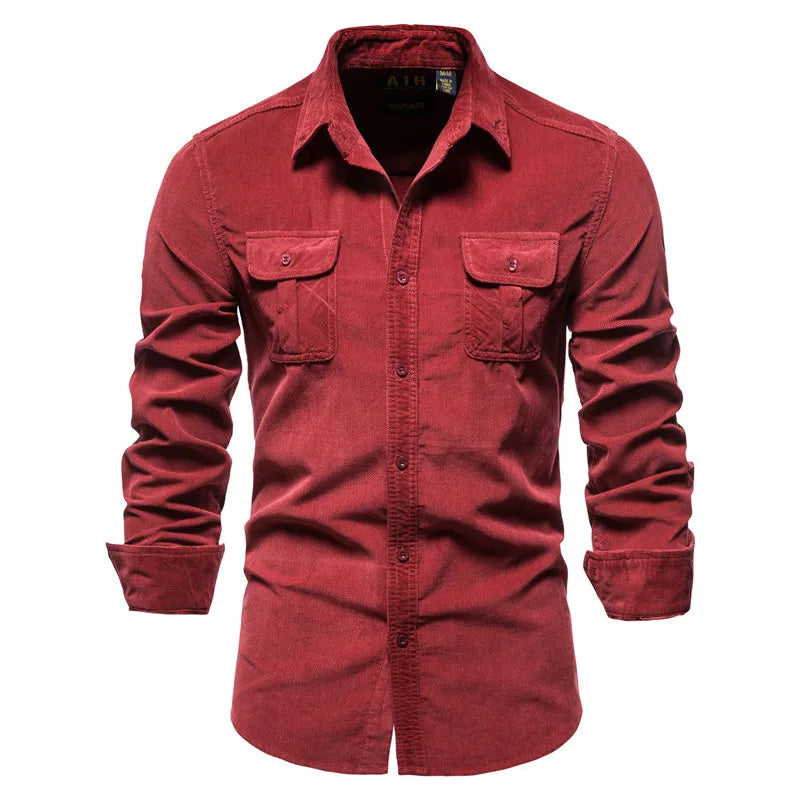 Men's Casual Long-Sleeve Corduroy Shirt with Button-Down Front Style