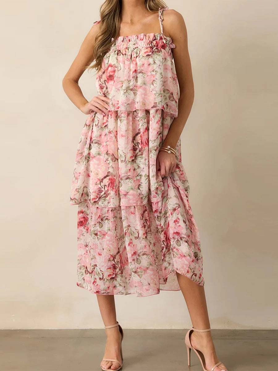 Women's Floral Sleeveless Midi Dress with Tiered Ruffle Hem